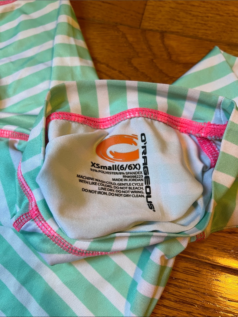 O'Rageous! Mint & White Striped Rash Guard with Pink Stitching size XS 6/6X - Picture 5 of 16